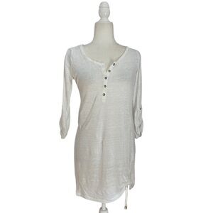 Heidi Klein Linen Longline Henley Top White Tab Sleeves side ruched NWOT